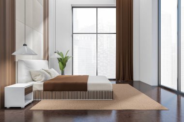 Beyaz otel odasının içinde yatak odası, lamba, yan manzara, kahverengi beton zeminde halı. Singapur şehir manzarasında panoramik pencere. 3B görüntüleme