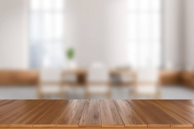 Ön planda ahşap masa, iç tarafta beyaz yemek odası sandalye ve masa bulanık, panoramik pencere. Ürün sergisi için bir model. 3B görüntüleme