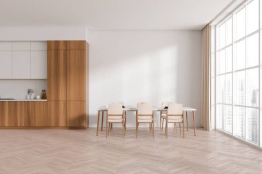 Beyaz mutfak, sandalyeler ve ahşap zeminde yemek masası. Mutfak eşyaları ve ahşap raflar. Singapur şehir manzarasında panoramik pencere. Model boş duvar. 3B görüntüleme