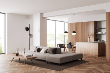 Beyaz stüdyo içi kanepe, yemek masası, ada, tropiklerde panoramik pencere. Mutfak gereçleri ve gevşeme alanı olan ahşap zemin. 3B görüntüleme