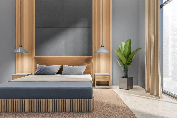 深色睡房床 床头柜铺在地毯上 米黄色混凝土地板 新加坡城市全景窗口 复制空白灰色墙壁 3D渲染 — 图库照片