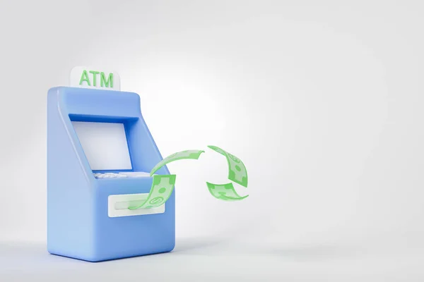 Atm Bank Met Vliegende Groene Dollar Bankbiljetten Grijze Achtergrond Concept — Stockfoto