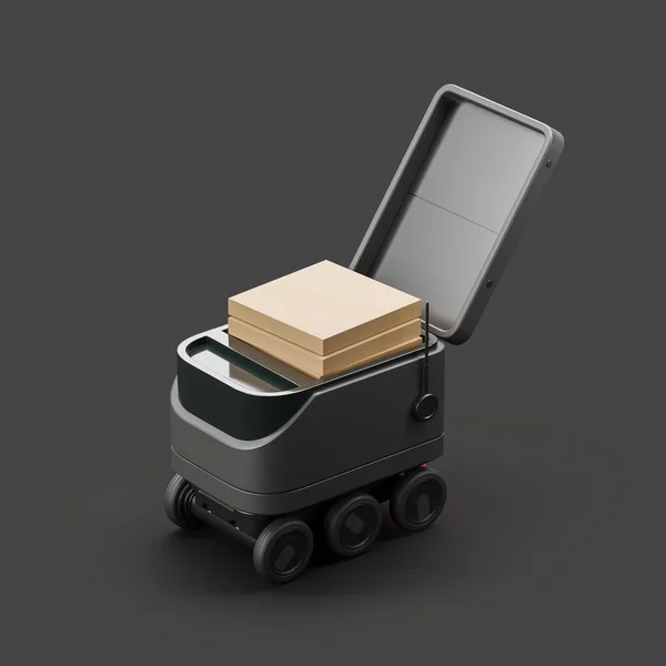 段ボール箱 トップビュー 暗い背景を持つ黒のスマートドローンロボット 物流と配送のための自律型ボット モックアップ 3Dレンダリング — ストック写真