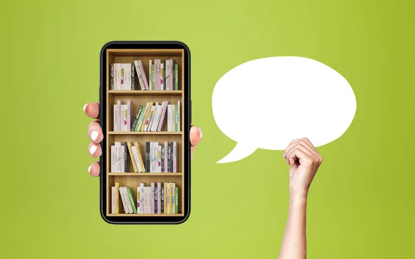 Woman holding phone with digital library on screen, green background. Mockup blank speech bubble in hand. Concept of online education and e-learning.