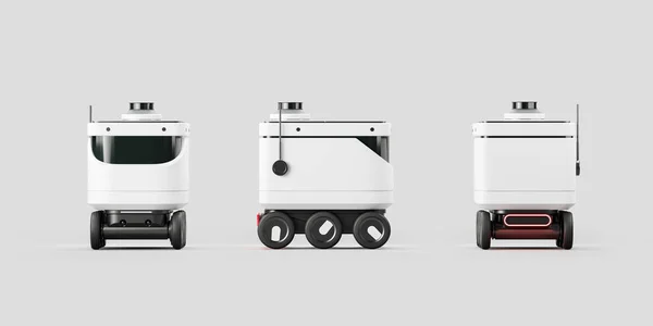 フロント バックとライトの背景にサイドビュー上の白いスマートドローンロボット 物流と配送のためのリモート制御ボット モックアップ 3Dレンダリング — ストック写真