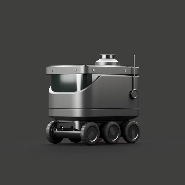 Black smart drone robot on wheels, side view, dark background. Autonomous bot for logistics and delivery. Mockup, 3D rendering