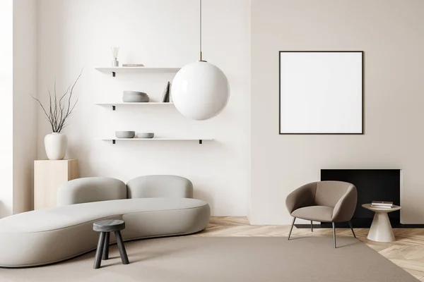 Stilvolles Wohnzimmer Sofa Sessel Und Kamin Regal Mit Dekoration Hocker — Stockfoto