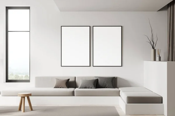 Salon Blanc Intérieur Avec Canapé Stand Avec Décoration Fenêtre Panoramique — Photo