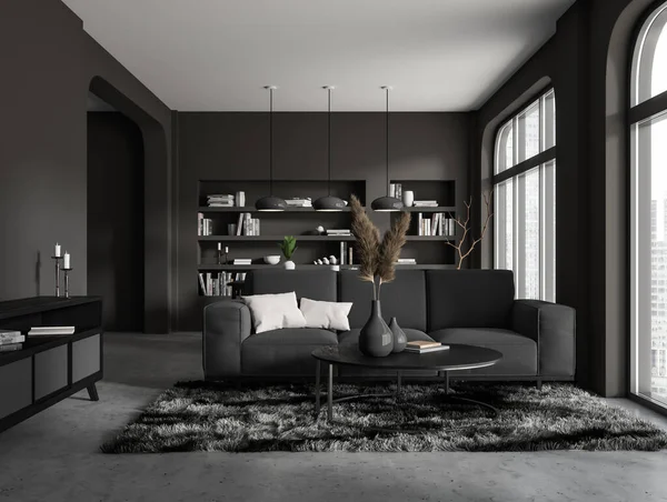 黑暗的客厅内部 沙发和架子与装饰 咖啡桌在地毯上 灰色混凝土地板 新加坡城市全景窗口 3D渲染 — 图库照片