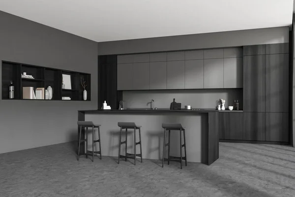 角落可以看到黑暗厨房的内部 有岛屿 理发店 灰色墙壁 混凝土地面 煤气灶 咖啡机 简约设计的概念 3D渲染 — 图库照片