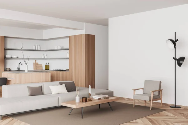 Hvid Atelier Interiør Med Lounge Zone Madlavning Område Sofa Sofabord - Stock-foto
