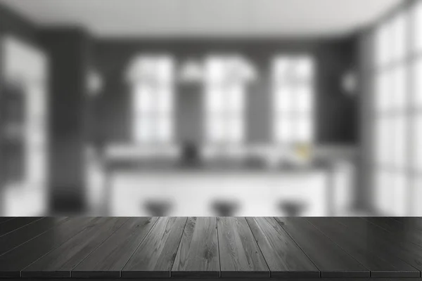 Черный Деревянный Стол Фоне Интерьера Белой Кухни Баром Панорамным Окном — стоковое фото