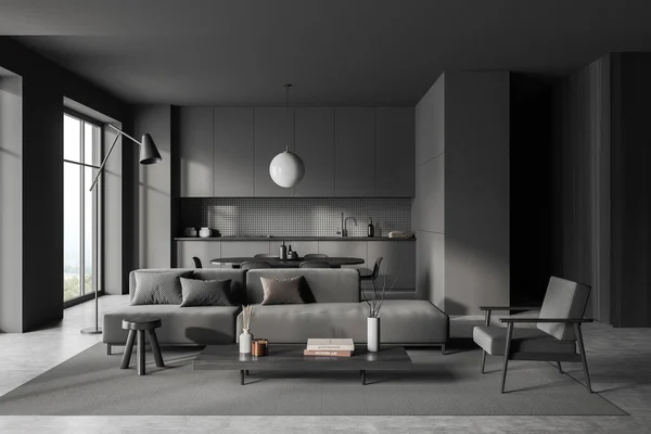 Dark Studio Interior Chill Area Sofa Armchair Dining Table Chairs — Stock Photo, Image
