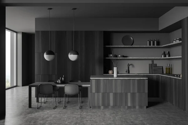 食器棚 バースツール グレーの壁 コンクリートの床 ダイニングテーブル パノラマの窓 棚と暗いキッチンルームのインテリアのフロントビュー ミニマルデザインのコンセプト 3Dレンダリング — ストック写真