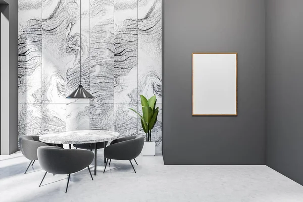 stock image Front view on dark dining room interior with empty white poster, dining table, armchairs, marble and grey wall, concrete floor, houseplant. Concept of minimalist design. Mock up. 3d rendering