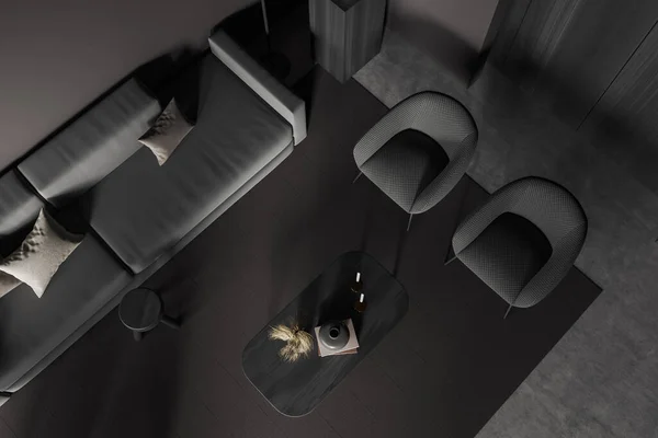 顶部的黑暗放松角落内部与沙发和两个扶手椅 咖啡桌与装饰 地毯灰色混凝土地板 3D渲染 — 图库照片