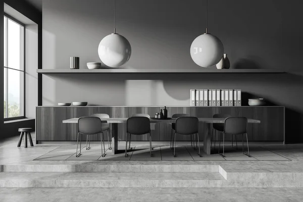 黑暗的会议室内部有椅子和桌子 灰色混凝土讲台和地毯 最简约的办公室 有餐具柜 文件和装饰 农村全景窗口 3D渲染 — 图库照片