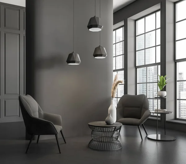 stock image Dark living room interior with two armchairs, side view, coffee table with decoration and stand on black concrete floor. Panoramic window on Singapore city view. 3D rendering