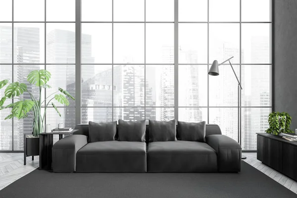 Vista Frontal Sala Estar Escura Interior Com Sofá Janela Panorâmica — Fotografia de Stock