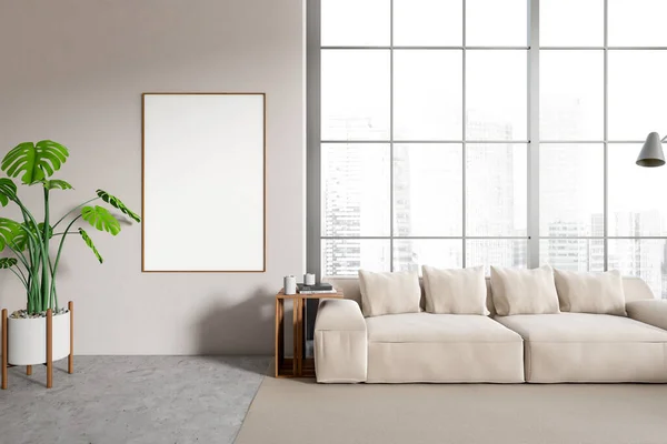 Frontansicht Auf Helle Wohnzimmereinrichtung Mit Leerem Weißen Poster Sofa Und — Stockfoto