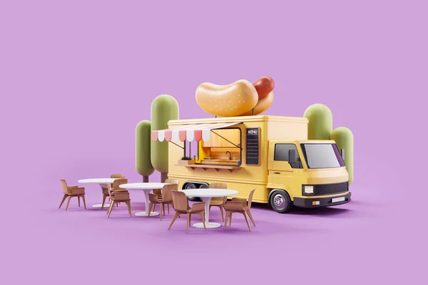 Żółty Samochód Dostawczy Hot Dogiem Dachu Widok Boku Fotel Stołem — Zdjęcie stockowe