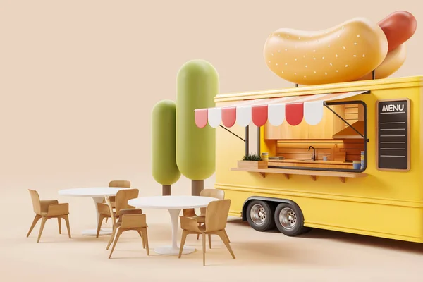 黄色的餐车和扶手椅 有桌子 侧面观景 外面做饭和吃饭的地方 米色背景 外卖和街头咖啡馆的概念 3D渲染 — 图库照片