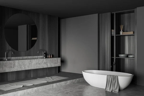 黑暗浴室内部与浴缸 双水池和架子与配件 侧视图 讲台和灰色混凝土地板 模拟复制空间空墙 3D渲染 — 图库照片