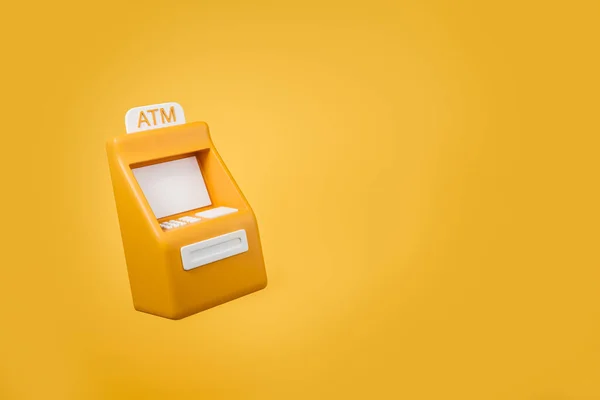 Colorful Atm Bank Flying Yellow Background Concept Cash Transaction Mockup — Stock Photo, Image