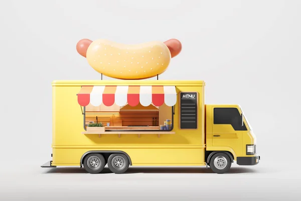五颜六色的街车 车顶有热狗 烹饪区打开窗户 侧视图 黄色面包车隔离在灰色背景 快餐的概念 3D渲染 — 图库照片