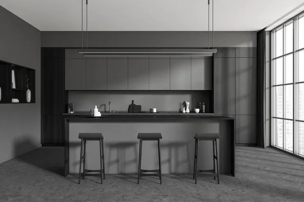 Dunkles Kücheninterieur Mit Barstühlen Und Arbeitsplatte Auf Grauem Betonboden Geschirr — Stockfoto