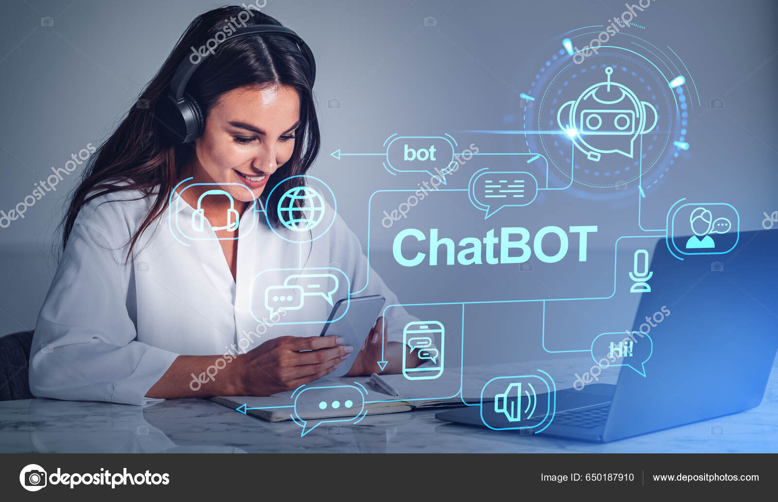 Smiling Woman Working Phone Chatbot Helps Education Work Smart