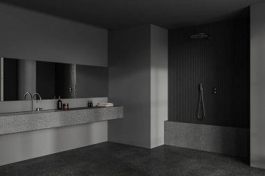 Karanlık ev banyosu, beton lavabo ve duş, yan görüş, gri beton zemin. Minimalist aksesuarları ve aynası olan modern banyo köşesi. 3B görüntüleme