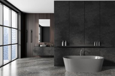 Banyo, küvet ve lavabo, boş fotokopi odası beton duvar. Gökdelenlerde banyo aksesuarları ve panoramik pencere. 3B görüntüleme