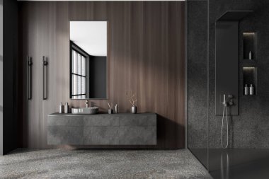 Koyu ahşap banyo içi lavabo, duş, aksesuar, dolap ve dikey ısıtılmış havlu korkuluğu, gri beton zemin. Otelde modern banyo alanı tasarımı. 3B görüntüleme