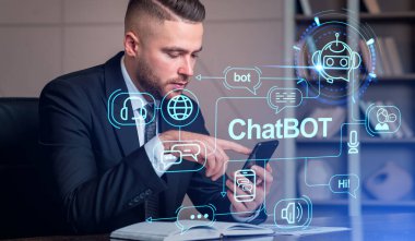 İş adamı parmak dokundurmalı telefon, sohbet robotuyla çalışıyor. Üretimi ve süreci arttırmak için yapay zeka ile çevrimiçi iletişim. Makine öğrenme ve akıllı teknoloji kavramı