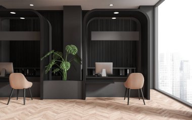 Gri ve koyu ahşap duvarları, ahşap zemini, bilgisayar masaları ve müşteriler için bej sandalyeleri olan bankanın çalışma alanı. Şehir manzaralı büyük bir pencere. 3d oluşturma