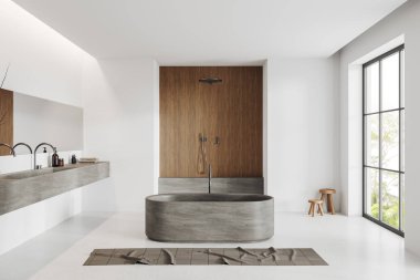 Sıcak otel banyosu, çift lavabo, küvet ve duş, beyaz beton zeminde ayak havlusu. Açık uzay bant alanı. Tropik bölgelerde panoramik pencere. 3B görüntüleme