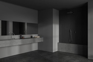 Karanlık ev banyosu, beton lavabo ve duş, yan görüş, gri beton zemin. Minimalist aksesuarları ve aynası olan modern banyo köşesi. 3B görüntüleme