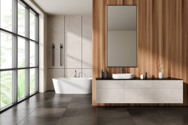 Beyaz ve ahşap duvarları, fayanslı zemini, rahat beyaz küveti ve lavabosu olan şık bir banyo. Tropikal manzaralı panoramik pencere. 3d oluşturma