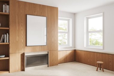 Beyaz ve ahşap duvarları, tropikal manzaralı pencereleri ve şöminenin üzerinde asılı posterleri olan modern oturma odasının içi. 3d oluşturma