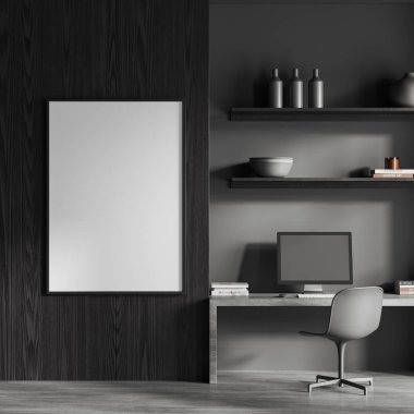 Masasında bilgisayar, sandalye ve rafta sanat dekorasyonu olan gri beton zemin olan karanlık bir ev içi iş yeri. Siyah ahşap duvarda bir tuval posteri var. 3B görüntüleme