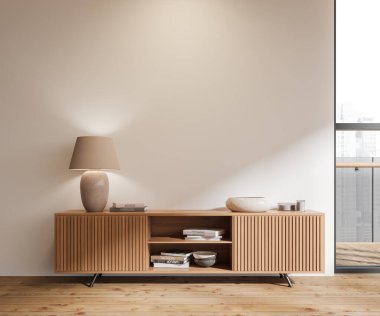 Beyaz duvarlı, ahşap zeminli, üzerinde lamba olan ahşap şifoniyerli modern oturma odasının içinde. 3d oluşturma