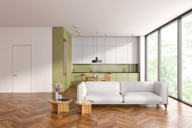 Modern ev stüdyosu, kanepe, yemek masası mutfak malzemeleri, ahşap döşeme. Tropik bölgelerde panoramik pencere. 3B görüntüleme