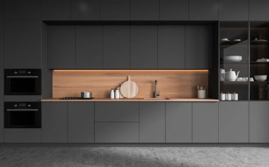 Gri ve ahşap duvarları, beton zemini, lavabo ve fırından yapılmış gri dolapları, fırını ve dolabı olan şık bir mutfak. 3d oluşturma
