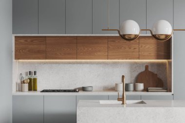 Beyaz taş bar adasıyla açık gri mutfak. Güvertede modern mutfak gereçleri ile lavabo ve soba. Minimalist tasarımı olan rahat bir ev yemeği alanı. 3B görüntüleme