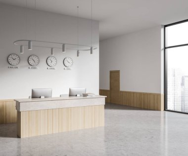 Beyaz ofis içi resepsiyonda bilgisayar, yan görüş dünya saati ve gökdelenlerin panoramik penceresi. Giriş salonu ve gri beton zemin. 3B görüntüleme
