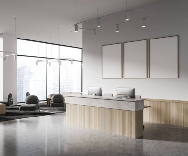Beyaz duvarları, beton zemini, beyaz ve ahşap resepsiyon masası ve arka planda üç tane dikey maket ve bekleme odası olan modern ofis. 3d oluşturma