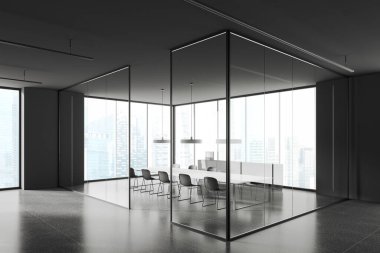 Gri ve cam duvarlı şık ofis toplantı odasının köşesi, fayanslı zemin, gri sandalyeli uzun konferans masası ve şehir manzaralı pencereler. 3d oluşturma