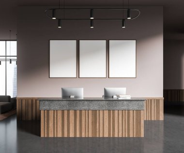 Kahverengi resepsiyonlu ofis masası ve bilgisayar, üç tane de tuval poster. Gökdelenlerin panoramik penceresi, modern iş odası tasarımı ve dekorasyonu. 3B görüntüleme