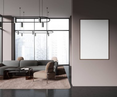 Bej duvarları, gri kanepesi, bej koltuğu ve cam sehpası olan şık ofis bekleme odasının içinde. Sağ taraftaki poster çerçevesini düzenle. 3d oluşturma